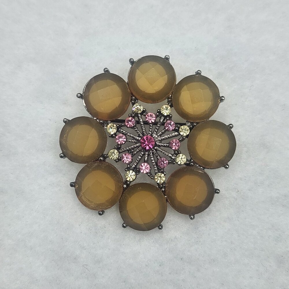 Vintage Statement Brooch Retro Brown Pink Silver Tone Rhinestones Faceted
